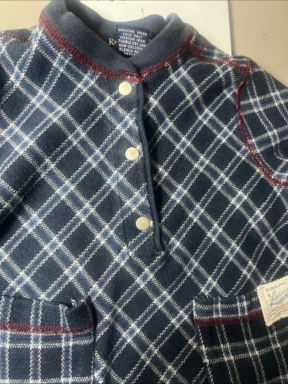 Vtg 90s Ralph Lauren Baby Girl Plaid Dress 6-12 Months Navy Grid Cotton Pocket